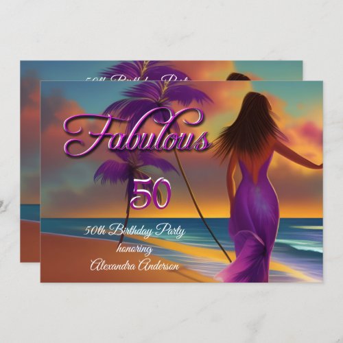 Fabulous 50th Birthday Purple Beach Ocean gold Invitation