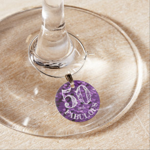 Fabulous 50th Birthday Purple Glitter Sequins Wine Charm
