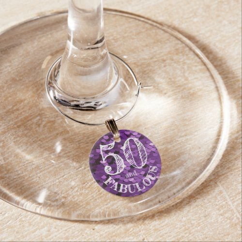 Fabulous 50th Birthday Purple Glitter Sequins Wine Charm