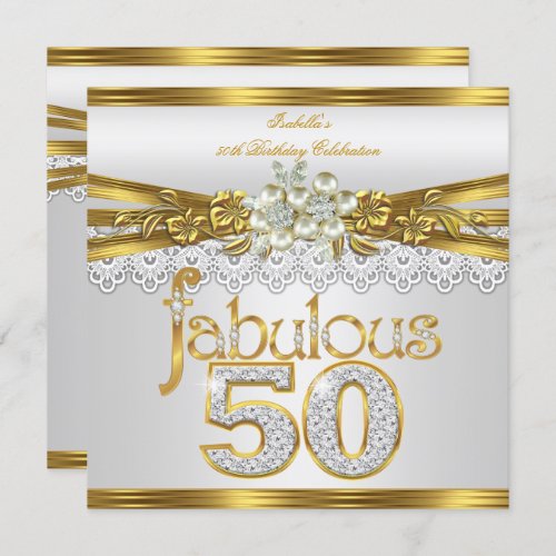 Fabulous 50th Birthday White Pearl Gold Lace Invitation