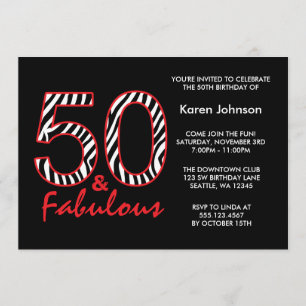 Fabulous 50th Black and Red Zebra Birthday Invitation