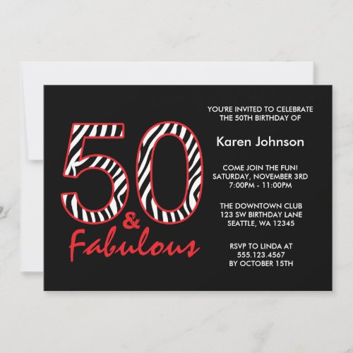 Fabulous 50th Black and Red Zebra Birthday Invite