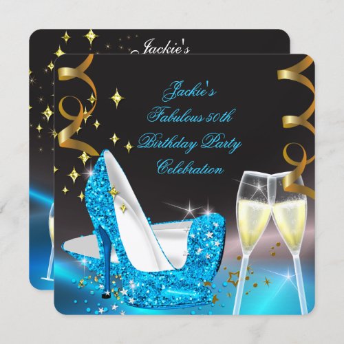 Fabulous 50th Blue Glitter High Heel Birthday Invitation