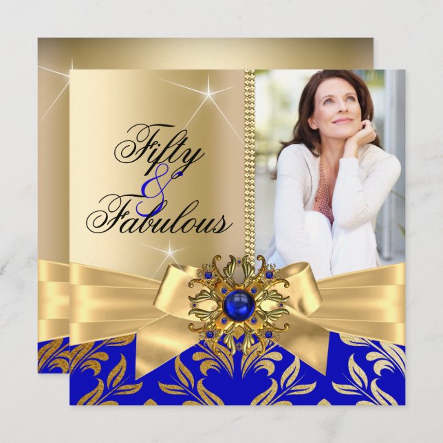 Fabulous 50th Blue Pearl Gold Leaf Bow Birthday Invitation (Front/Back)