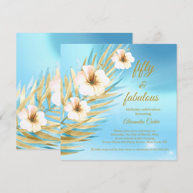 Fabulous 50th Blue Teal Gold White Floral Birthday Invitation (Front/Back)