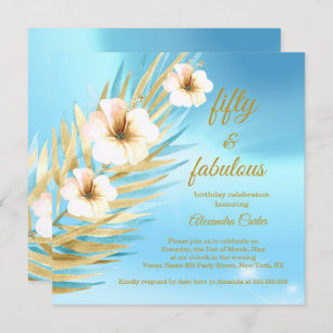 Fabulous 50th Blue Teal Gold White Floral Birthday Invitation