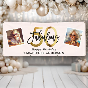 Fabulous 50th Happy Birthday Photo Blush Pink Gold Banner