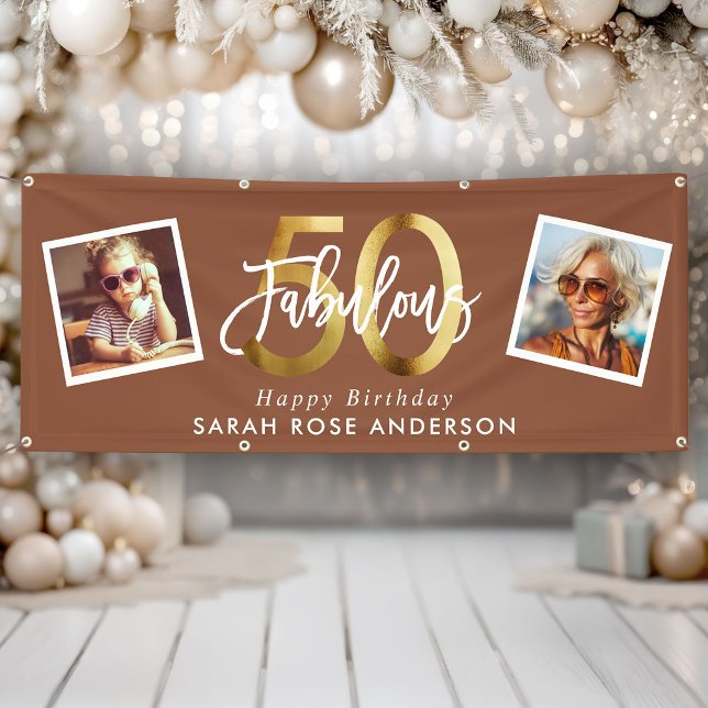 Fabulous 50th Happy Birthday Photo Terracotta Gold Banner (Creator Uploaded)