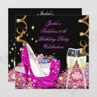 Fabulous 50th Hot Pink Glitter High Heel Birthday Invitation