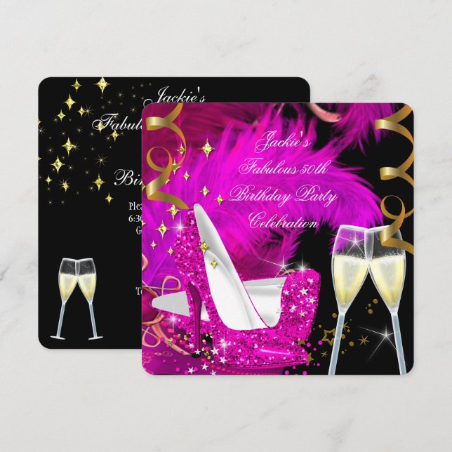 Fabulous 50th Hot Pink Glitter High Heel Birthday Invitation (Front/Back)