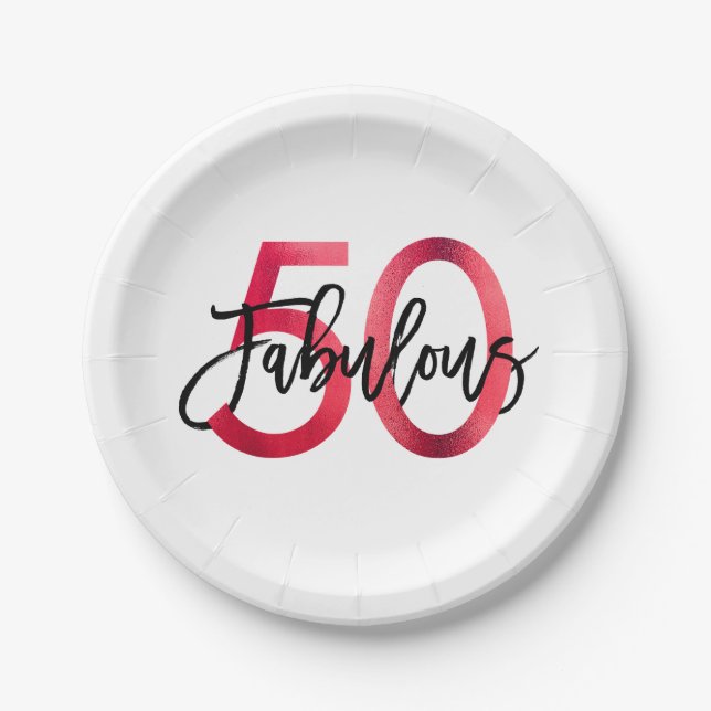 Fabulous 50th | Modern Elegant Chic Red Birthday Paper Plates (Front)
