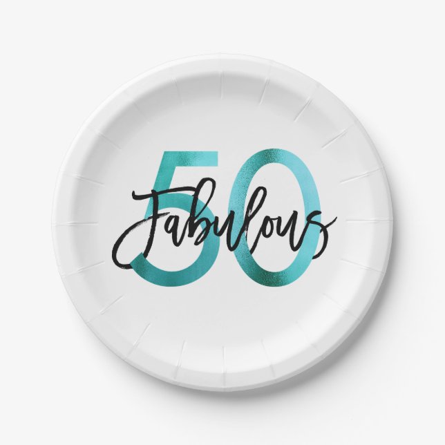 Fabulous 50th | Modern Elegant Teal Green Birthday Paper Plates (Front)