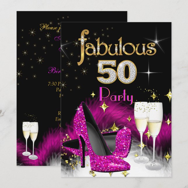 Fabulous 50th Party Glitter Hot Pink Champagne 2 Invitation (Front/Back)