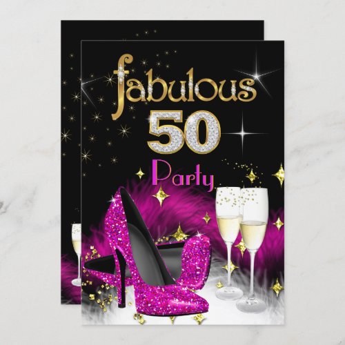 Fabulous 50th Party Glitter Hot Pink Champagne 2 Invitation
