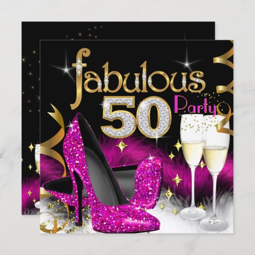 Fabulous 50th Party Glitter Hot Pink Champagne Invitation
