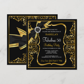 Fabulous 50th Pearl Gold Lace Bow Black Invite