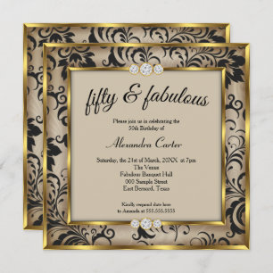 Fabulous 50th Photo Beige Black Damask Gold Party Invitation