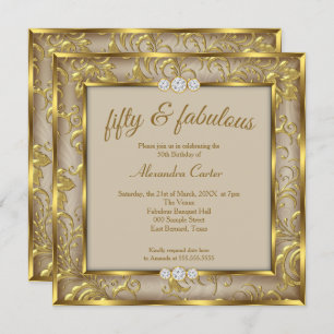 Fabulous 50th Photo Beige Brown Damask Gold Party Invitation