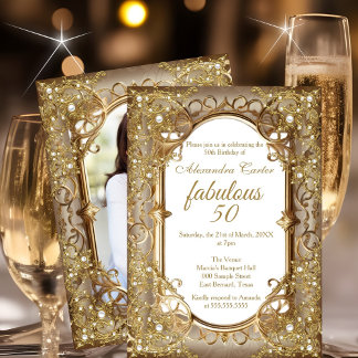 Fabulous 50th Photo beige Golden Pearl birthday Invitation