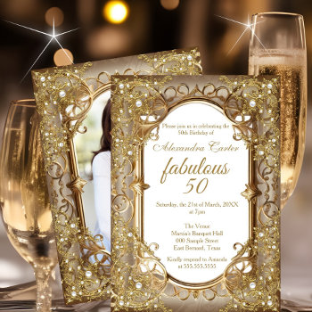 Fabulous 50th Photo Beige Golden Pearl Birthday Invitation by Zizzago at Zazzle