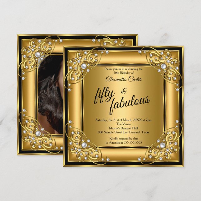 Fabulous 50th Photo black Gold birthday Party Invitation (Front/Back)