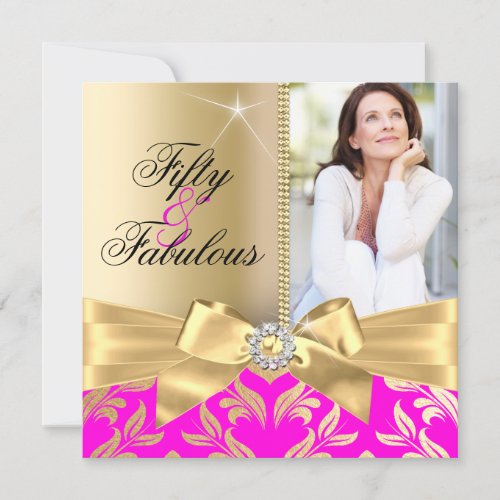 Fabulous 50th Pink Gold Leaf  Bow 50th Birthday Invitation