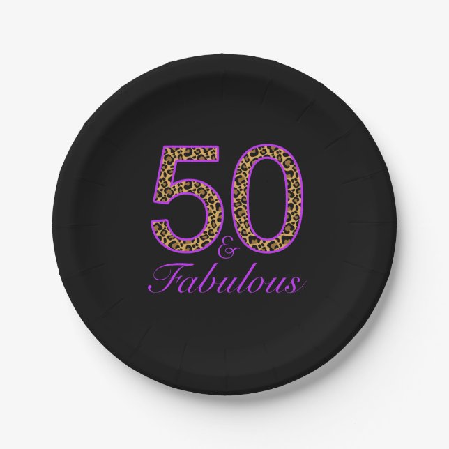 Fabulous 50th Purple Black Leopard Birthday Paper Plates (Front)