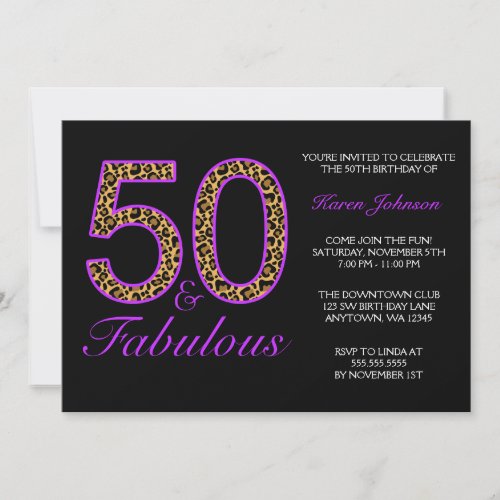 Fabulous 50th Purple Black Leopard Birthday Party Invite