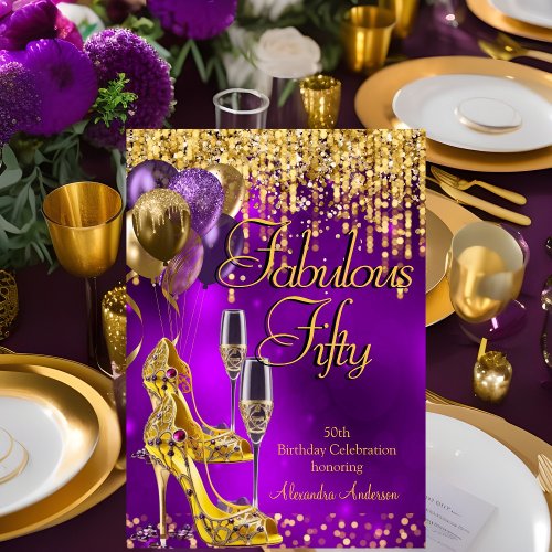 Fabulous 50th Purple heels Glitter Gold Champagne Invitation