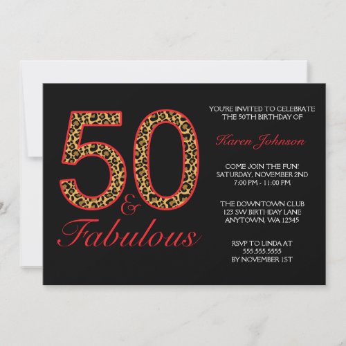 Fabulous 50th Red Black Leopard Birthday Party Invitation