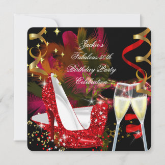 Fabulous 50th Red Gold Glitter High Heel Party Invitation