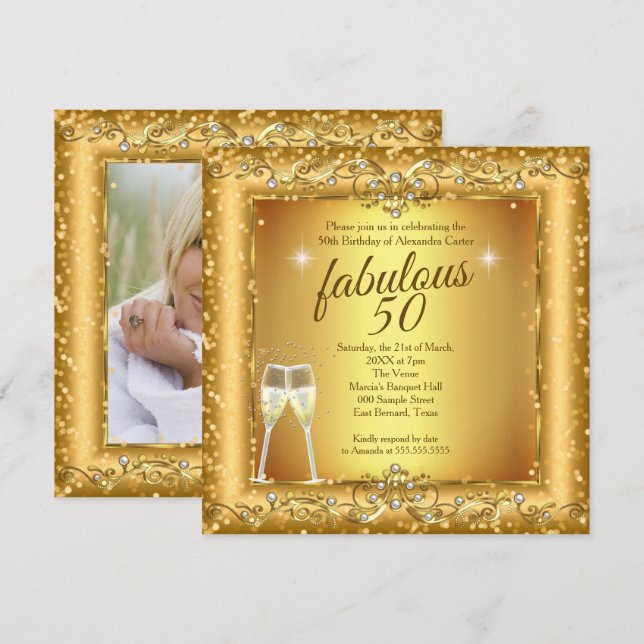 Fabulous 50th sparkle Gold champagne Party Photo Invitation (Front/Back)