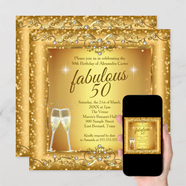 Fabulous 50th sparkle Gold champagne Party Photo Invitation | Zazzle