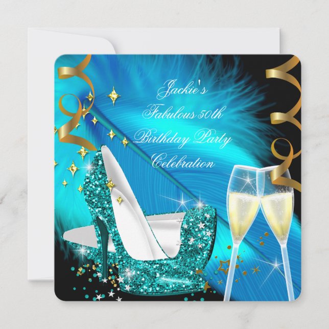Fabulous 50th Teal Blue Glitter High Heel Birthday Invitation (Front)