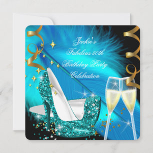 Fabulous 50th Teal Blue Glitter High Heel Birthday Invitation