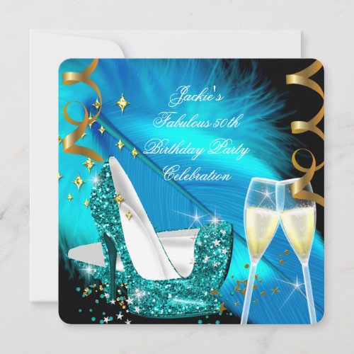 Fabulous 50th Teal Blue Glitter High Heel Birthday Invitation