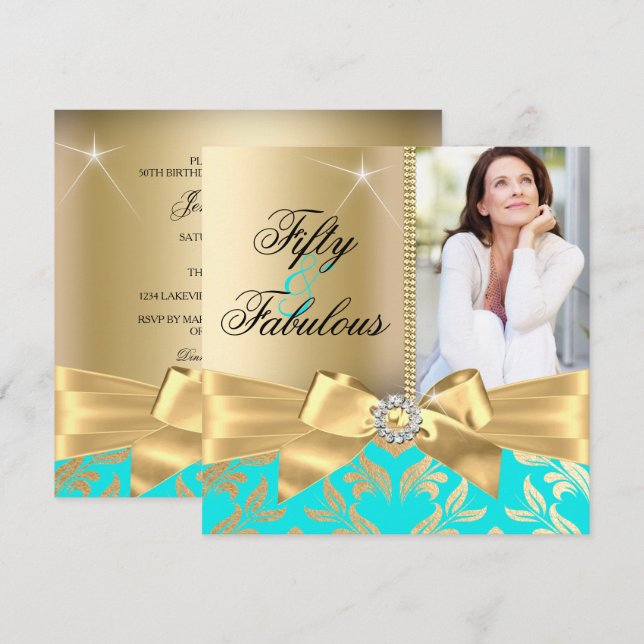 Fabulous 50th Teal Gold Leaf & Bow 50th Birthday Invitation (Front/Back)