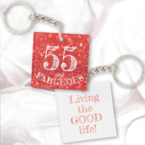 Fabulous 55 Birthday Coral Glitter Double Sided Keychain
