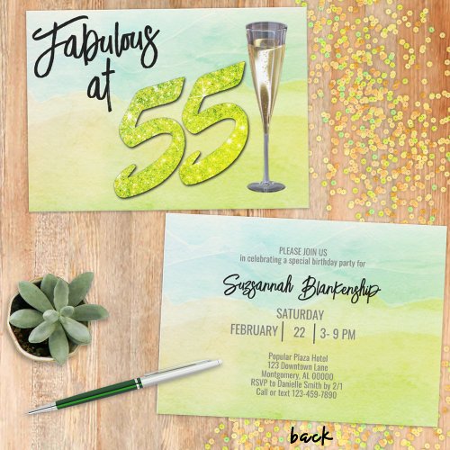 Fabulous 55 Birthday Pastel Green Watercolor  Invitation