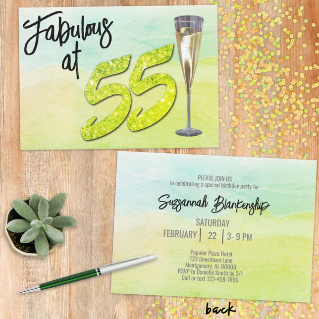 Fabulous 55 Birthday Pastel Green Watercolor  Invitation (This eye-catching green faux glittery birthday invitation is ready for your personalization.)