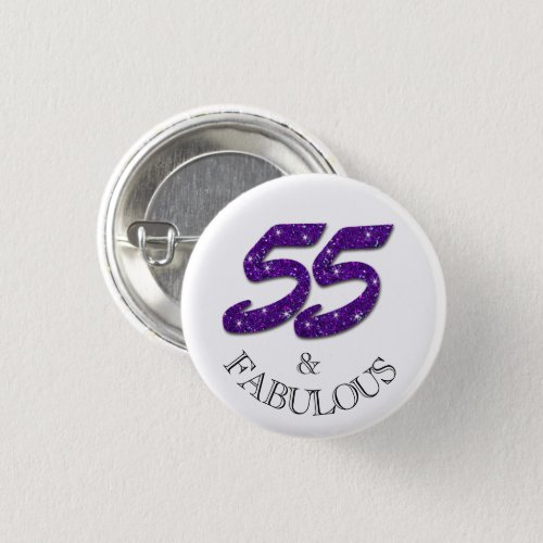 Fabulous 55th Birthday Celebration Purple Glitter Button