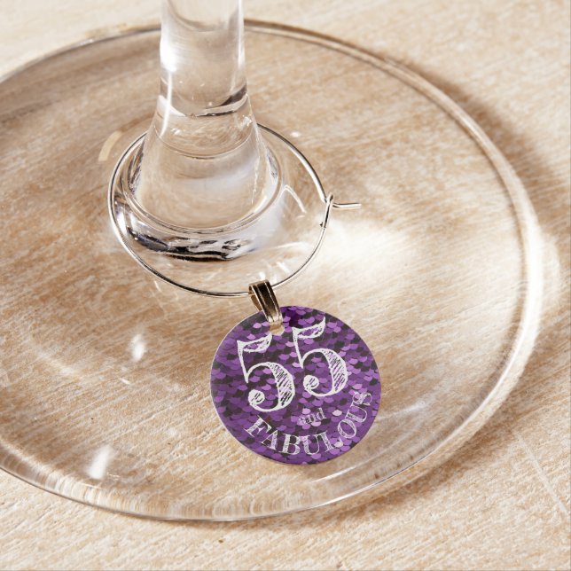 Fabulous 55th Birthday Purple Glitter Sequins Wine Charm (In Situ)