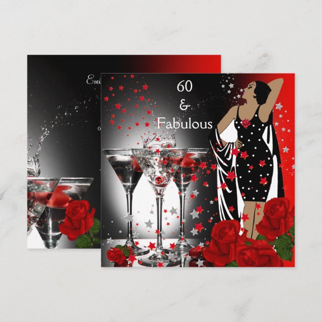 Fabulous 60 60th Birthday Party Red Roses Martini Invitation (Front/Back)
