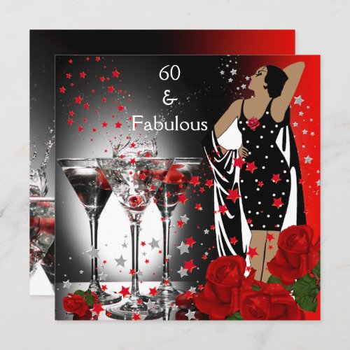 Fabulous 60 60th Birthday Party Red Roses Martini Invitation