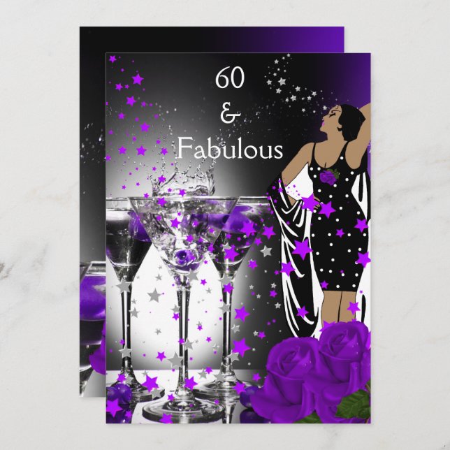 Fabulous 60 60th Birthday Purple Roses Martini Invitation (Front/Back)