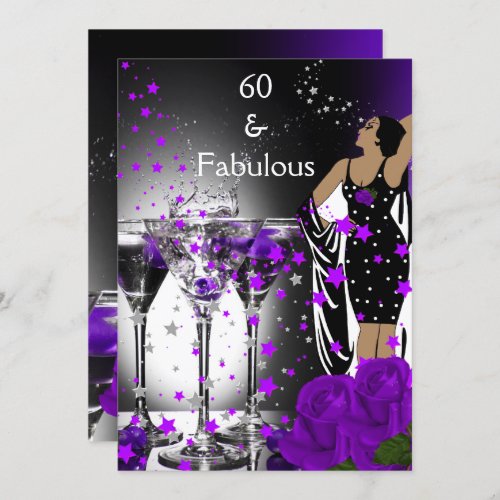 Fabulous 60 60th Birthday Purple Roses Martini Invitation