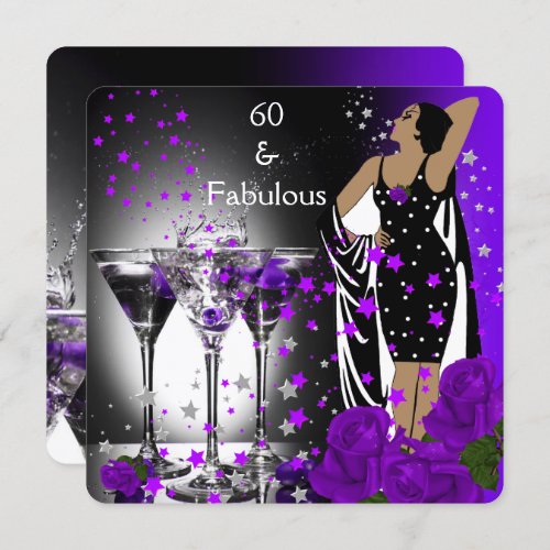 Fabulous 60 60th Birthday Purple Roses Martini Invitation