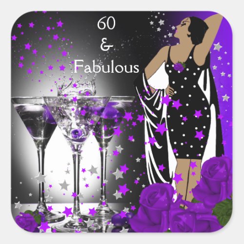 Fabulous 60 60th Birthday Purple Roses Martini Square Sticker