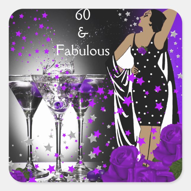 Fabulous 60 60th Birthday Purple Roses Martini Square Sticker (Front)