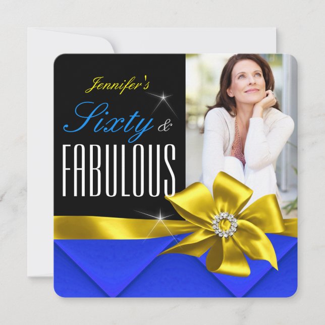 Fabulous 60 Blue Yellow Bow Photo Birthday Party Invitation (Front)